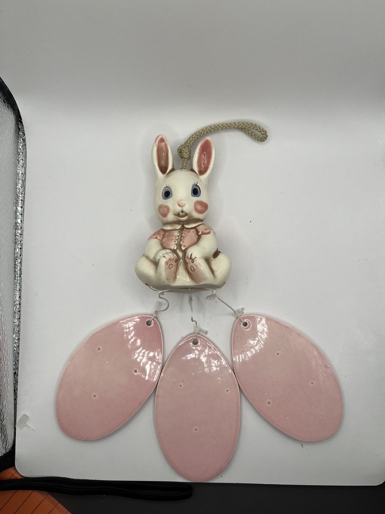 Rabbit Wind Chime Vintage Ceramic Bunny Easter Pink