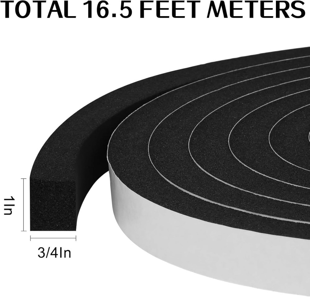 Foam Insulation Tape Door Seal Strip Weather Stripping 1In x 3/4In x 16.5Ft