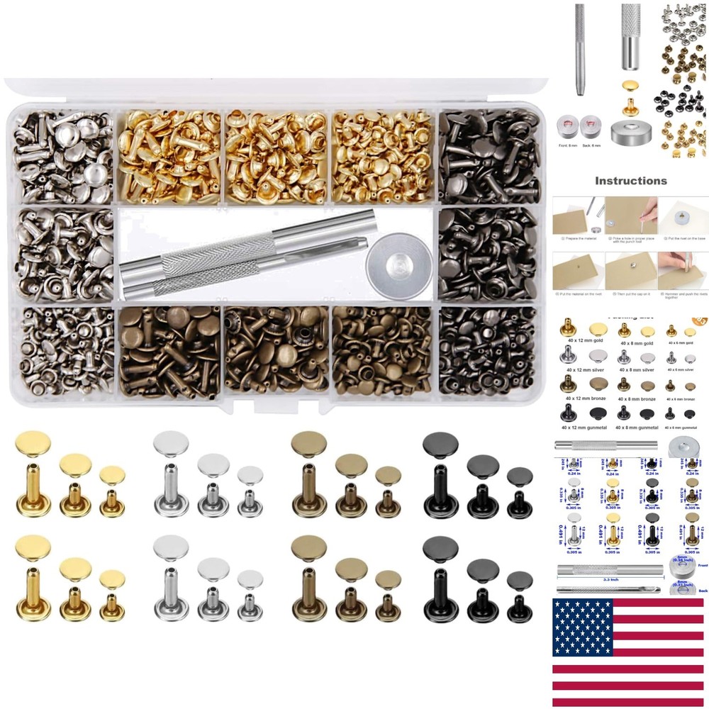 484Pcs Double Cap Leather Rivets - Metal Studs with Punch Tools & Storage Box