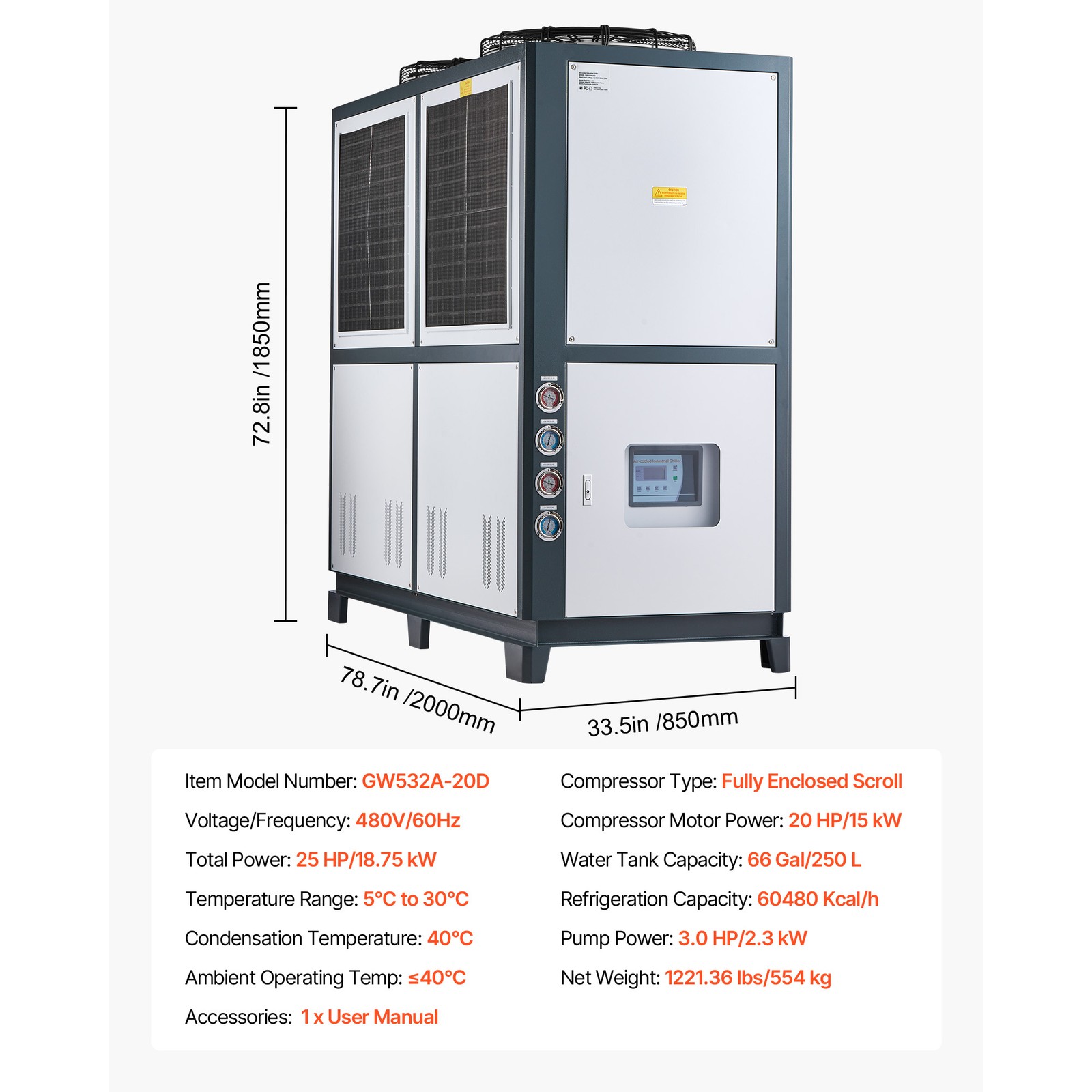 Uimoso Industrial Air-Cooled Water Chiller 25 HP 66-Gallon Tank LED Control Pane