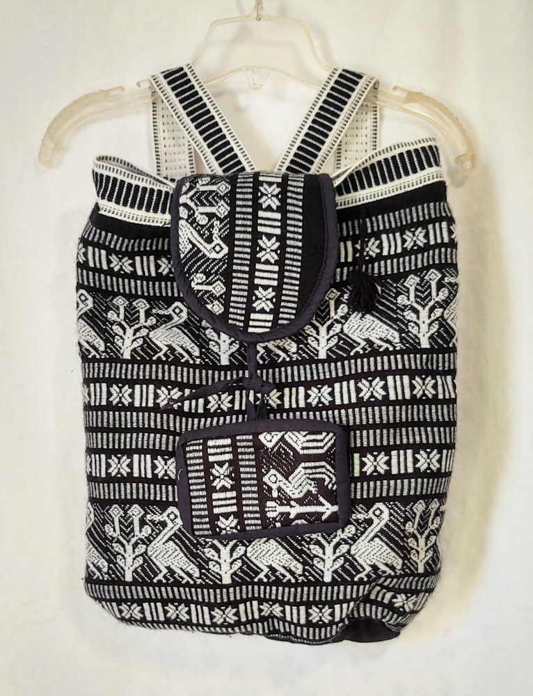 Vtg Soft Backpack Daypack Padded Woven Black/White Lined Boho Ethnic
