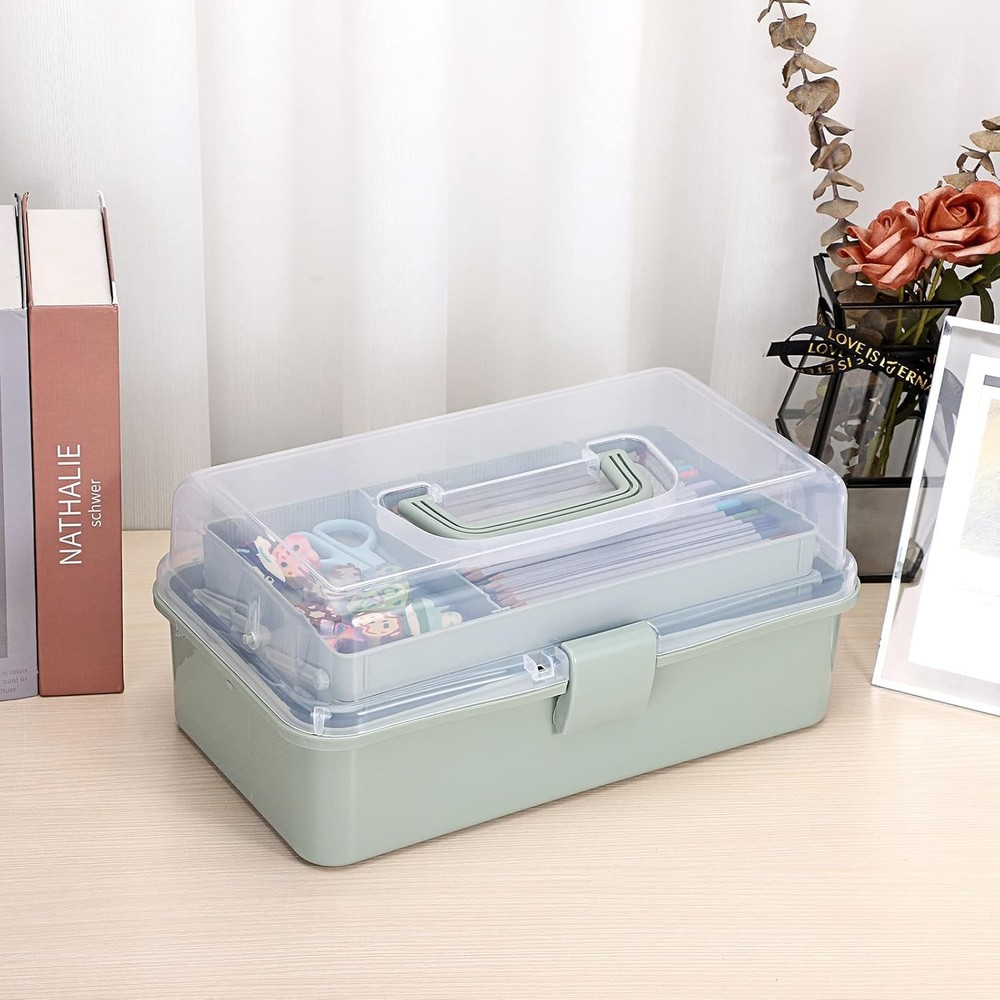 **BTSKY 3-Layer Craft Storage Box with Adjustable Dividers, Haze Green**