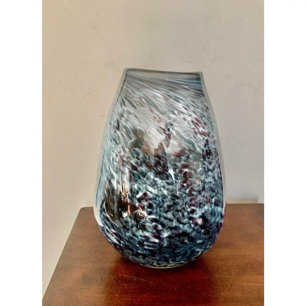 Modern Minimalist Studio Grayish Blue Glass Vase - Signed