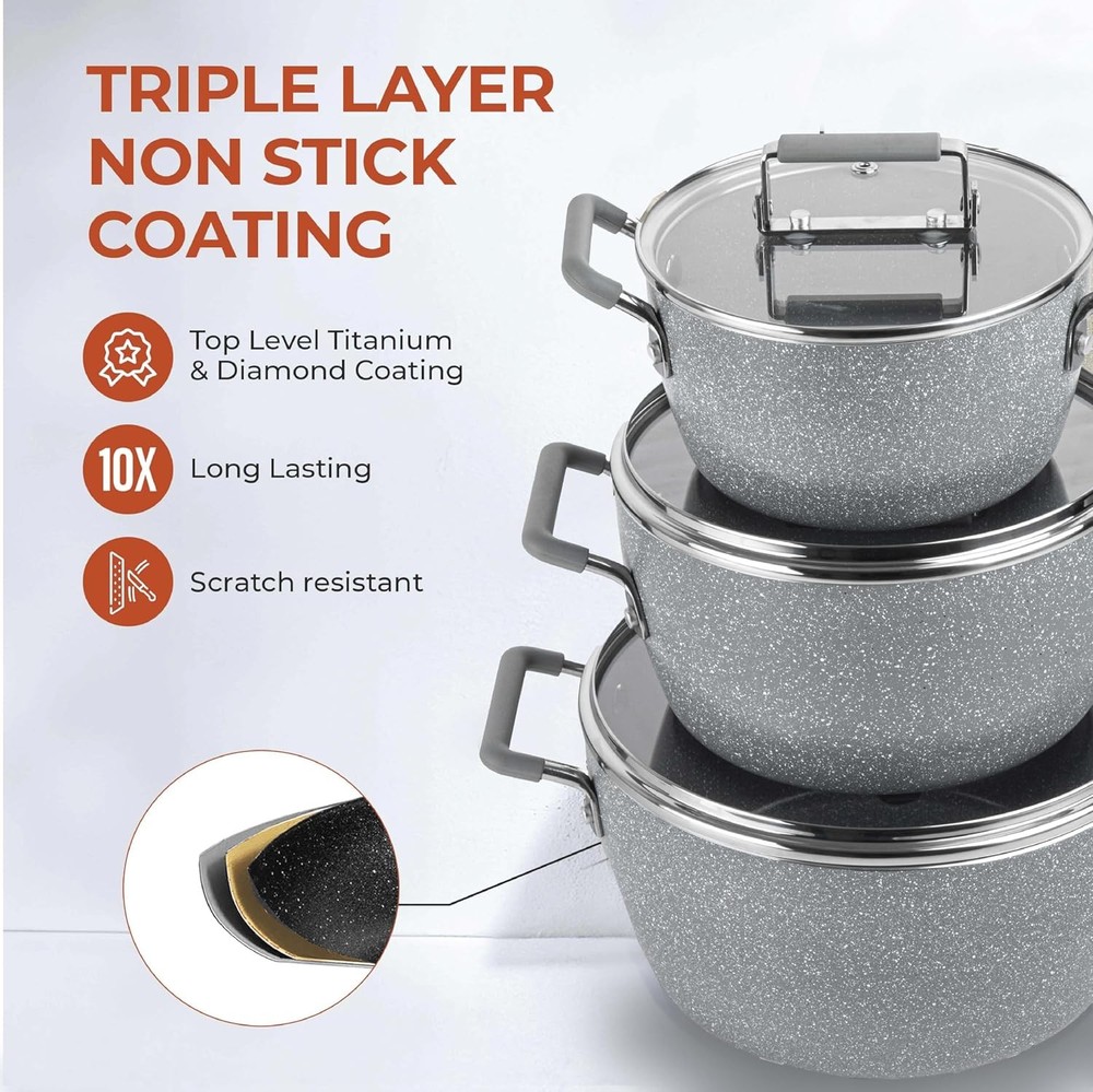 Granitestone Gray Pots and Pans Set Nonstick, 6 Stackable Piece Cooking Pots Set