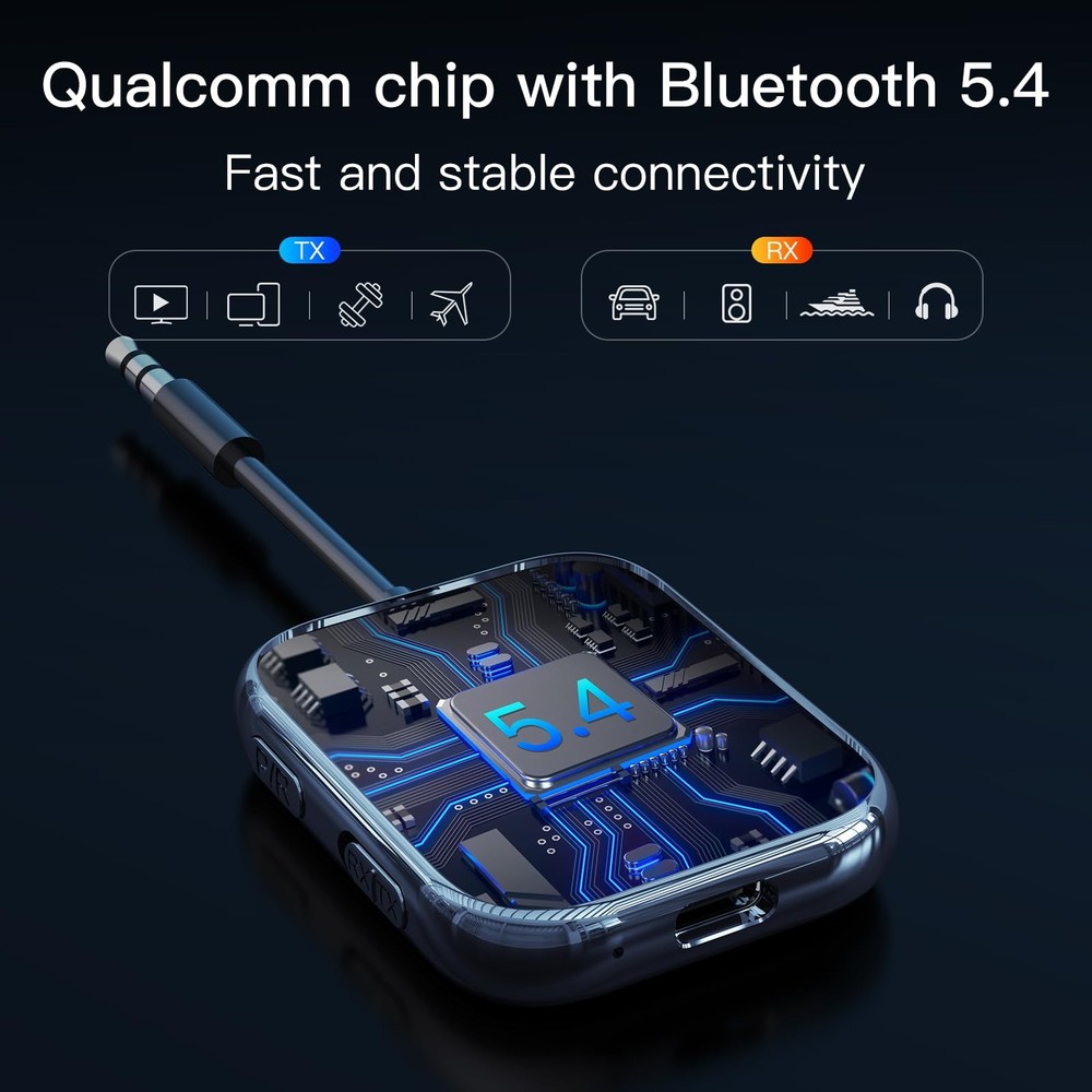 Bluetooth 5.4 Transmitter Receiver, Low-Latency for Gaming/TV/PC/Gym,2-in-1 D...