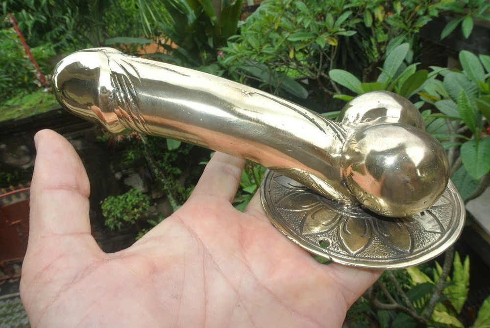 2 large version PENIS erect DOOR PULL HOOK heavy aged brass 9 " handle hand made