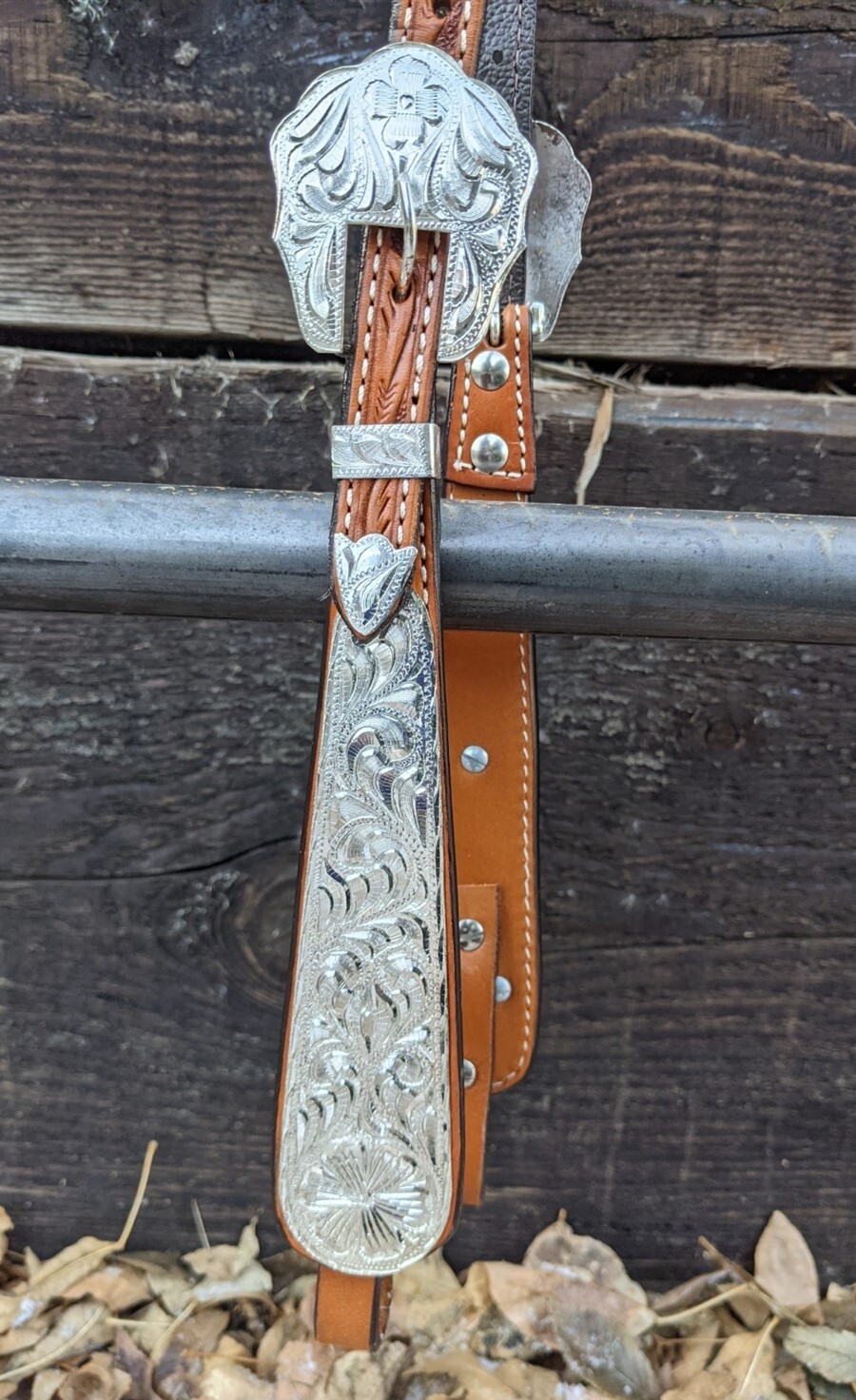 Western Silver Show Headstall - Double Ear - Wide Ranch Cheek - Medium Oil