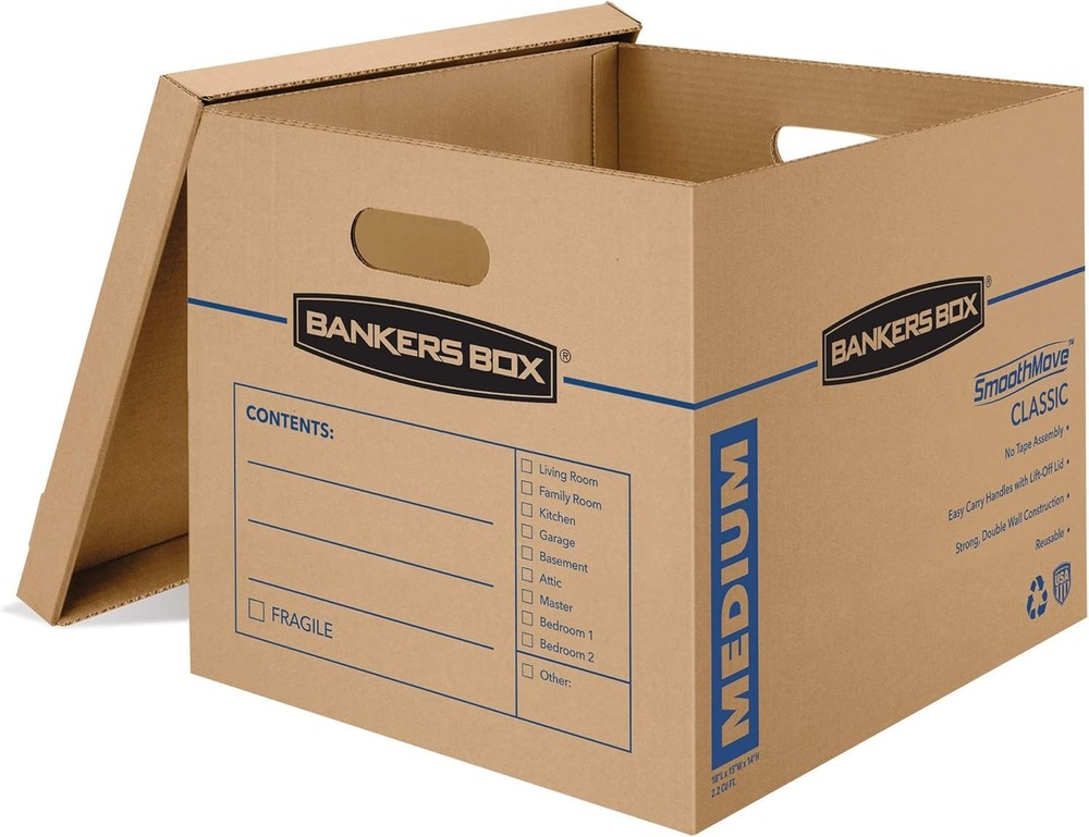 Medium Classic Moving Boxes, 20-Pack Tape-Free Assembly, Lidded Boxes