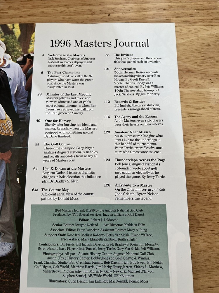 Masters Journal 1996 Program Guide Augusta National Golf Club Nick Faldo Win