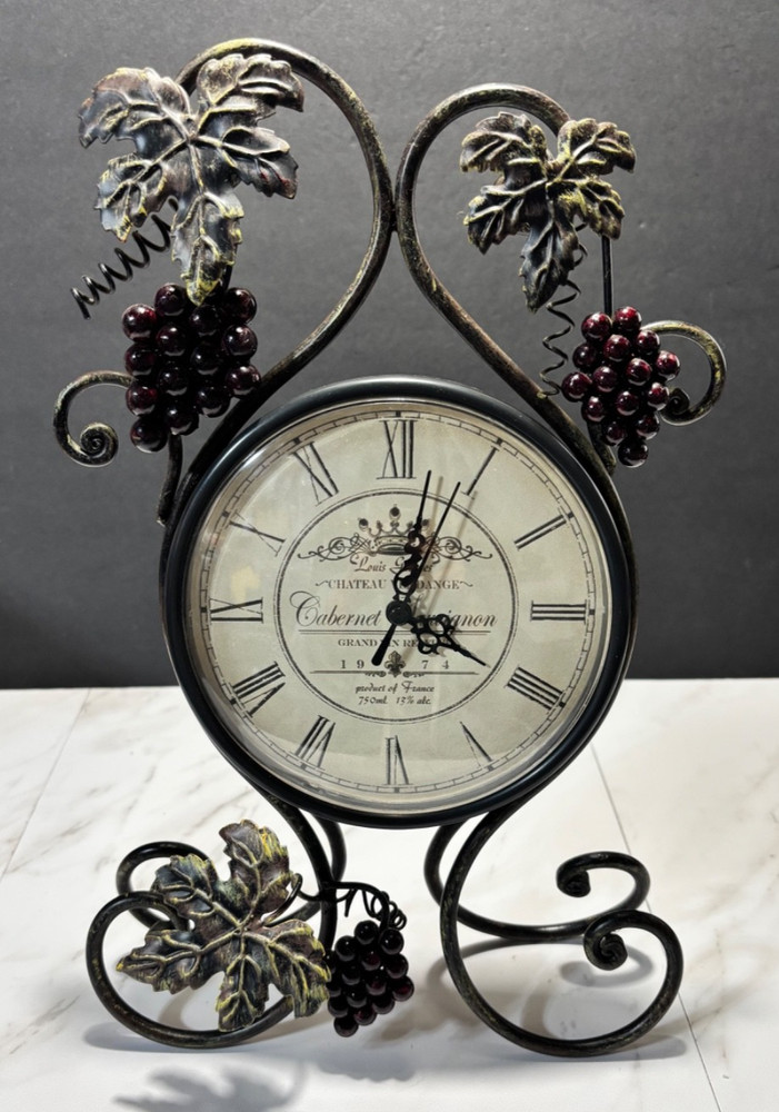 Louis Georges Wine Themed Tabletop Clock Grapes Metal Scrollwork Kitchen Bar Dec