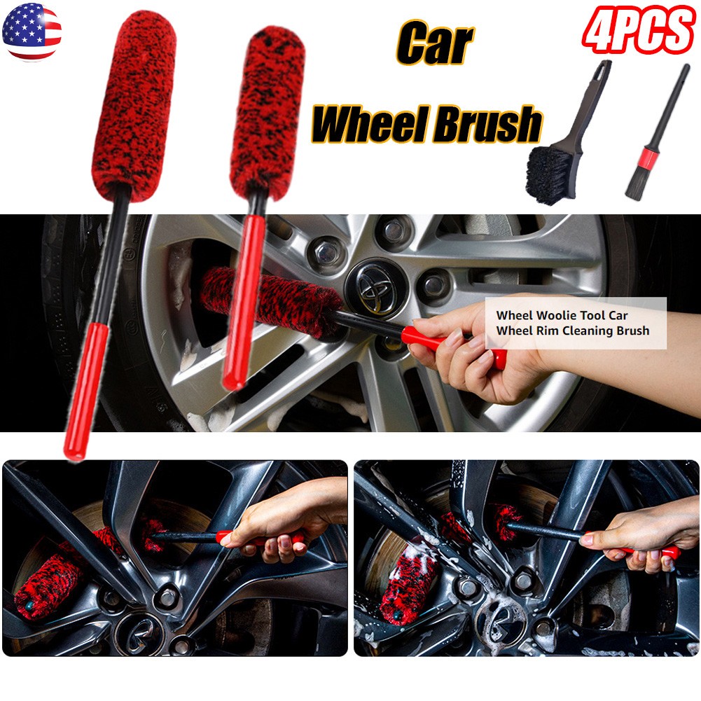 4PCS Car Wheel Brush Rims Tire Seat Engine Wash Cleaning Kit Auto Detailing Tool