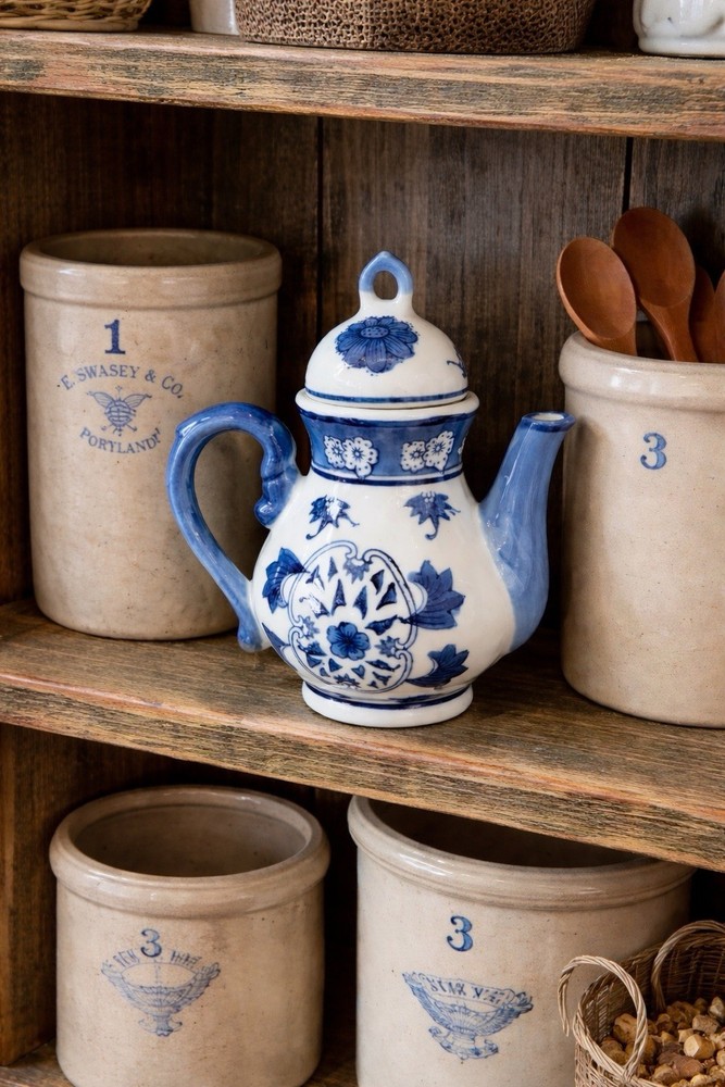 Blue & White Porcelain Teapot – Hand Painted, Marked Base