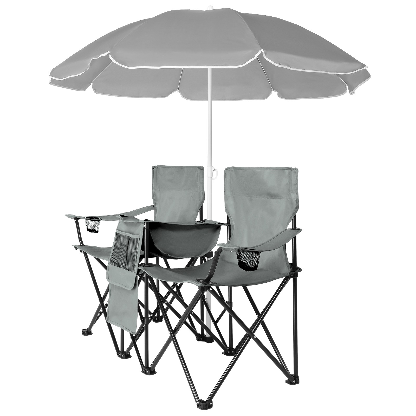Double Folding Chair Picnic Cooler Camping Beach with Removable Sun Umbrella