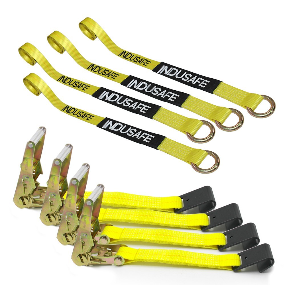 4 Pack Flat Hook Car Tie Down Straps Auto Hauler Ratchet Strap Kit Side Mount