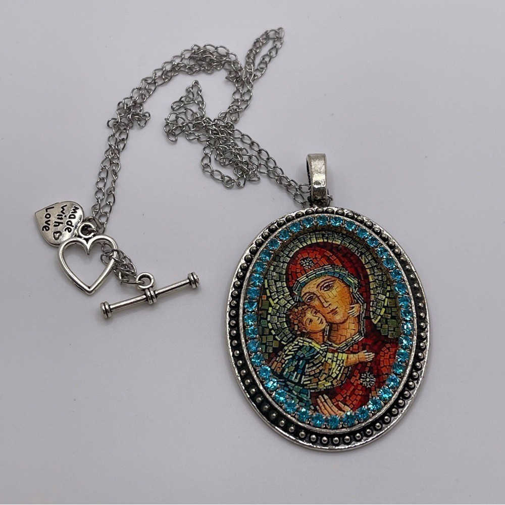 Catholic Mother Of Perpetual Help Rosary Necklace Faux Mosaic Rhinestone Silver