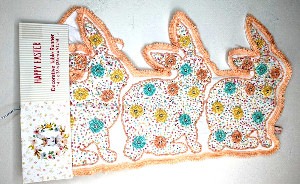 Happy Easter 36L" x 14"W 4 Bunny Rabbit Multicolor Beaded Table Runner NWT