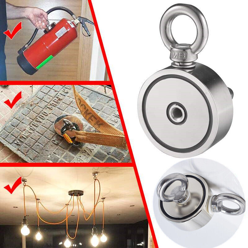 1300 LBS Strong Fishing Magnet Kit Double-Sided Pull Force and Rope Carabiner US