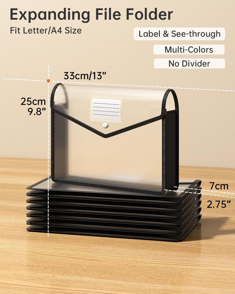 Plastic Expanding File Folder, Transparent envelopes with Snap Closure, No Di...