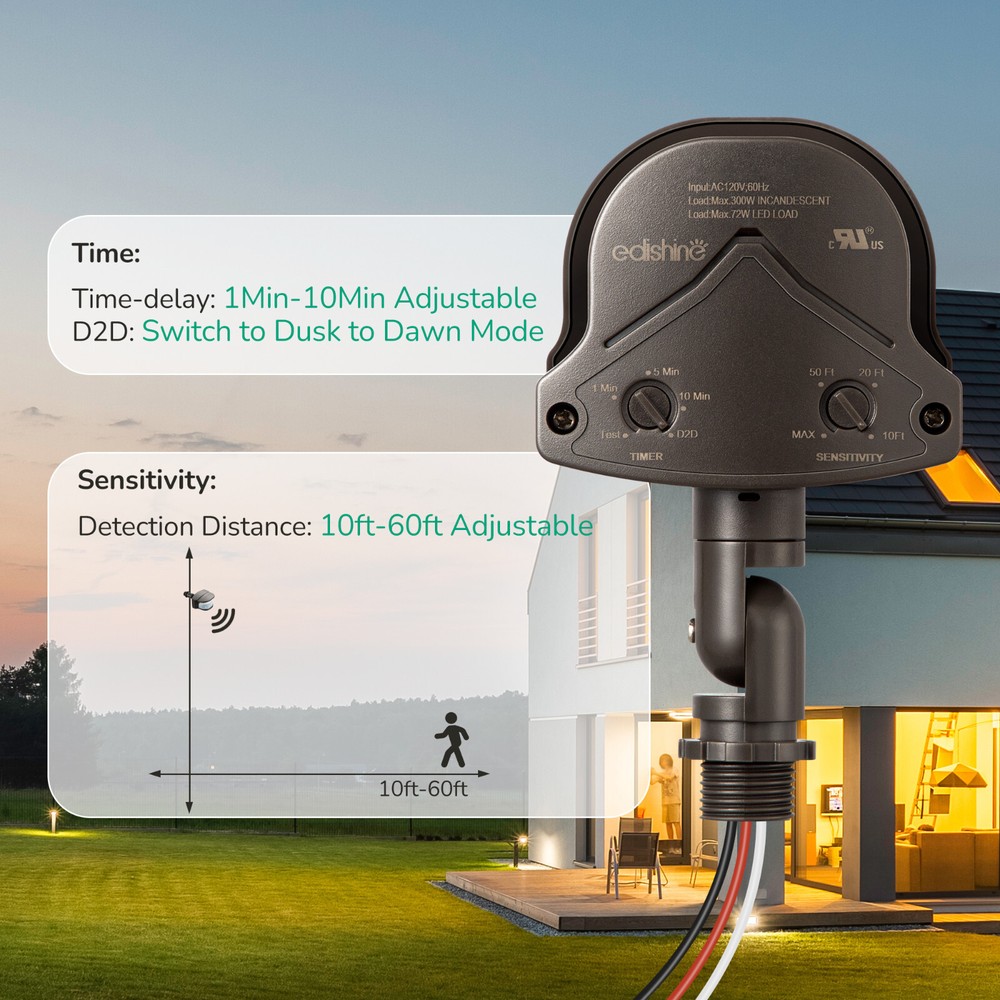 EDISHINE Motion Sensor, Automatic Dusk to Dawn,Detection Range,Brown,Floodlight