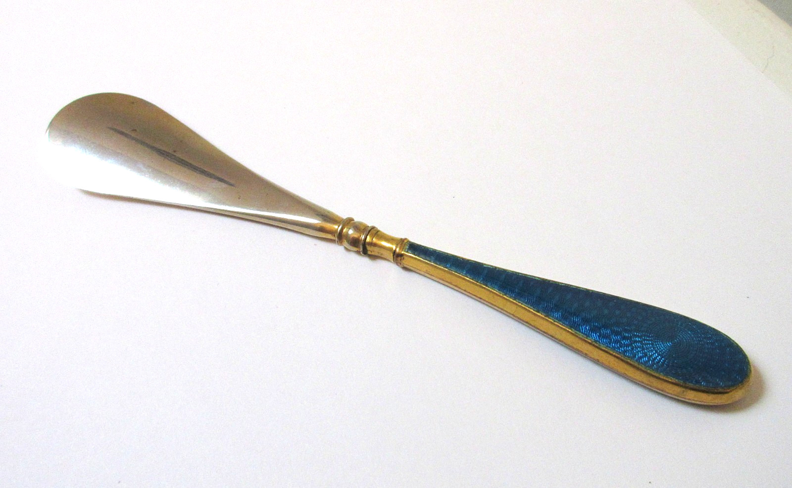 Antique Shoe Horn Peacock Blue Guilloche Enamel