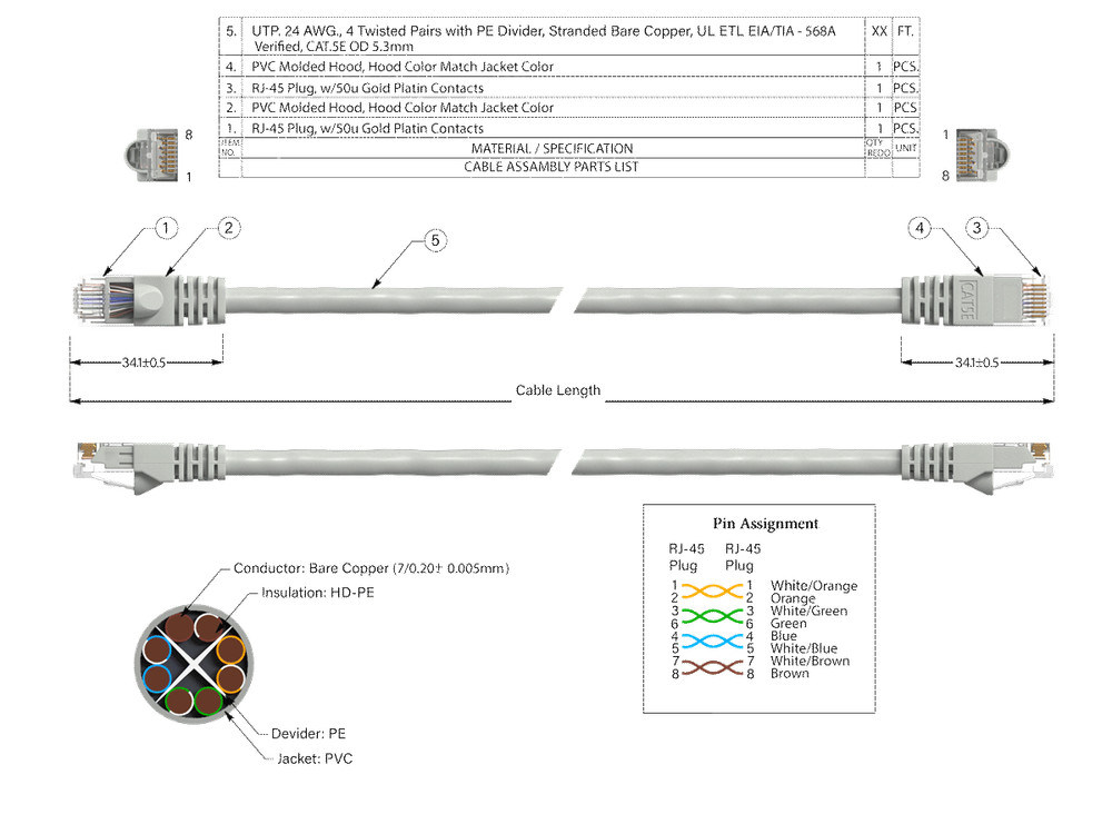 14ft Cat5e UTP Ethernet Network Patch Cable Snagless 24AWG Bare Copper, Gray