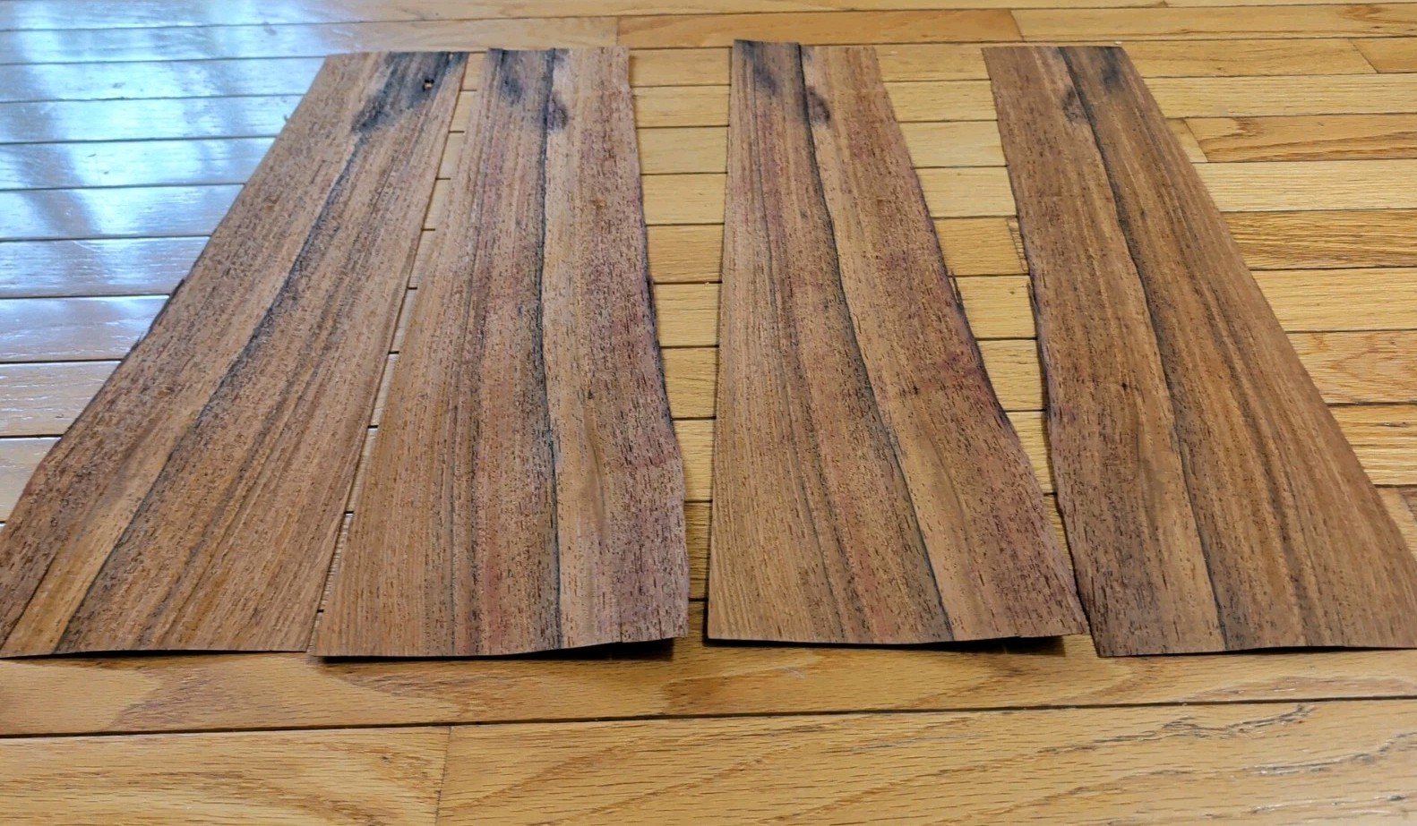 4 pcs San Domingo rosewood wood veneer 4 1/8" x 21" ea hole cracks 6" wi.