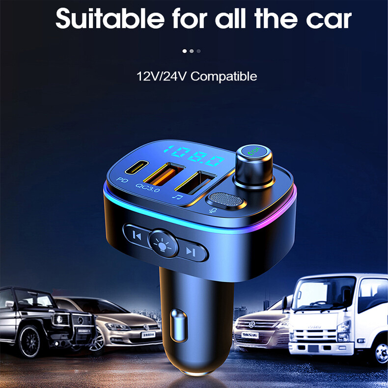 Car Bluetooth FM Transmitter Radio MP3 Adapter Kit USB C Fast Charger hands free