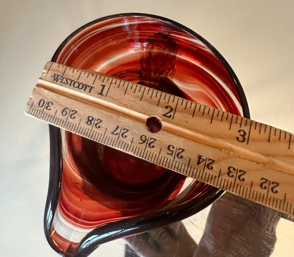Hand blown Glass Ruby Red Pitcher Applied Ribbed Clear Glass Handle Bubbles Read