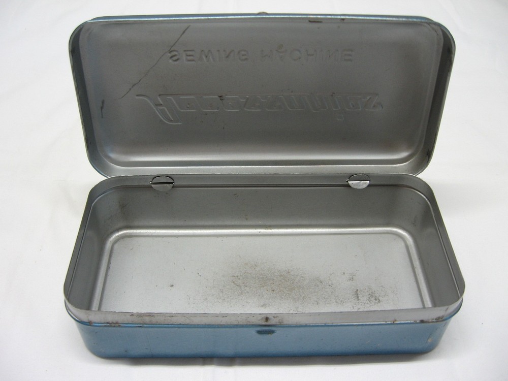 Vintage Empty Sewing Machine Accessories Tin Hinged Lid Box Blue