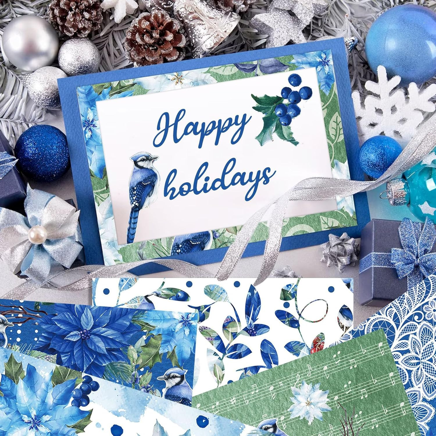 Blue Floral Scrapbook Paper 12x12 Double-Sided 24 Sheets Craft & Card Making