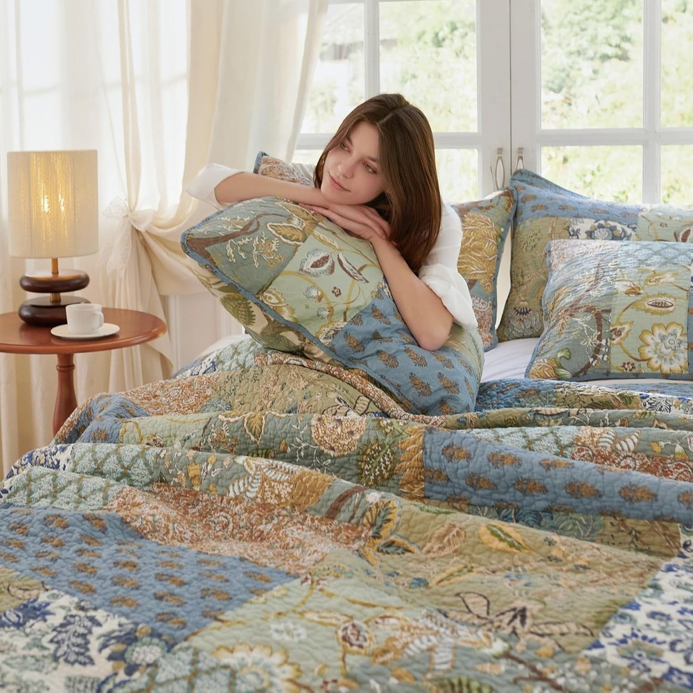 King Size Comforter Set Cotton Quilt Boho Patchwork Reversible Bedspread