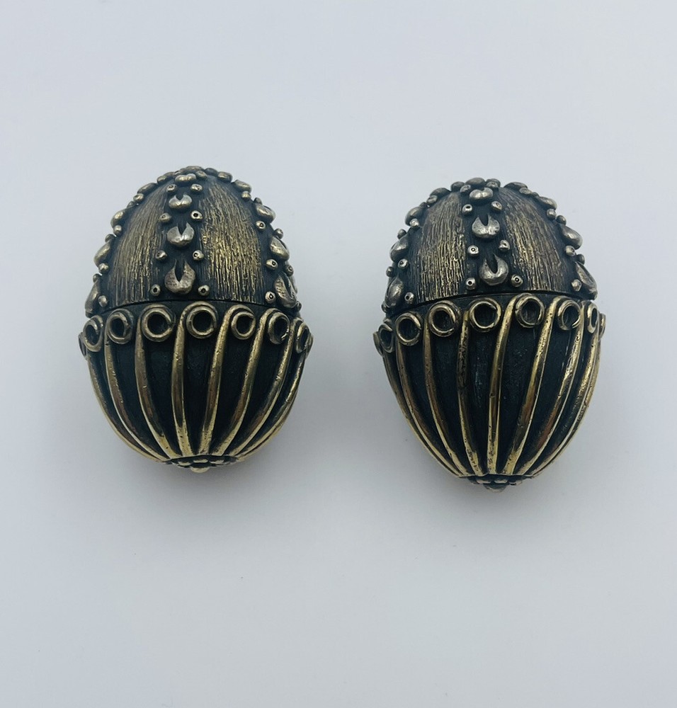 Antique Pair Sterling Silver Ornate Egg Shaped Heavy Pill Boxes