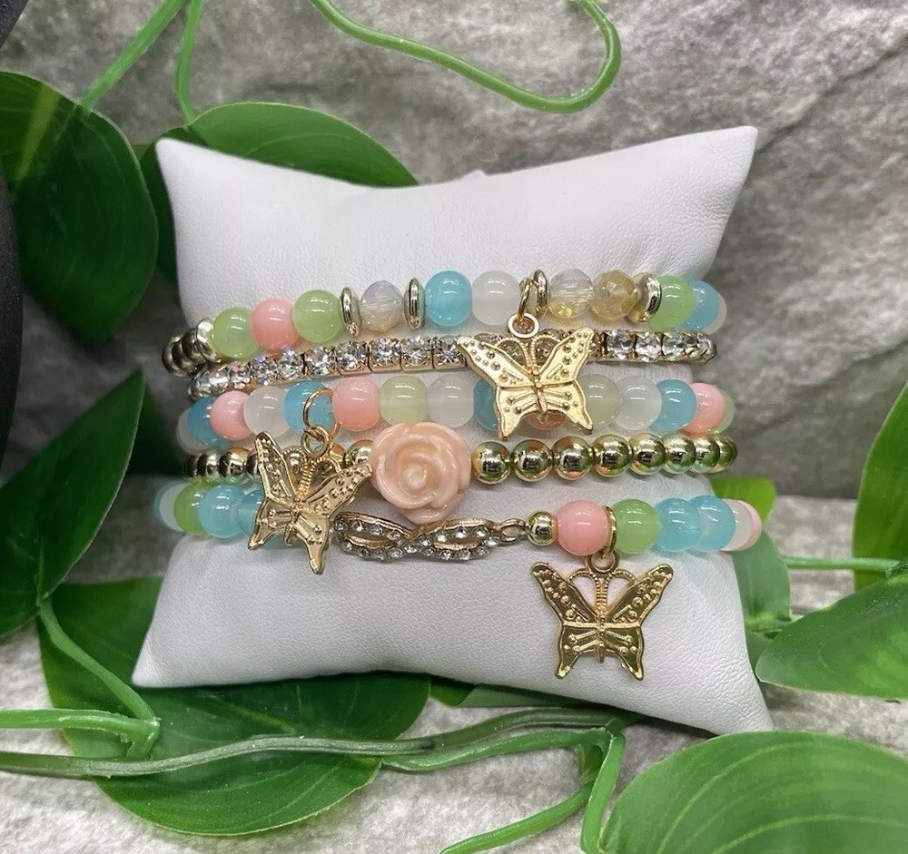 5 PC Handmade Boho Beaded Stackable 7” Plus Stretch Bracelet Set B2531