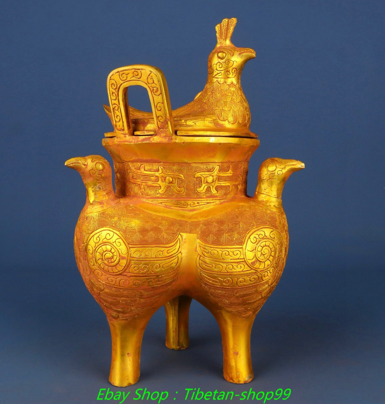 11.8''Old Dynasty Bronze Ware Gilt Inscription 3 Bird Incense Burner Censer
