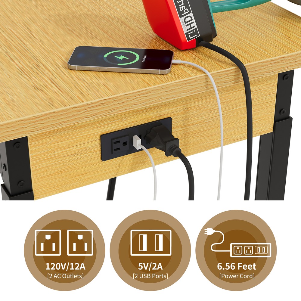 59" L Heavy-Duty Adjustable Workbench with Pegboard & Power Outlets Work Bench