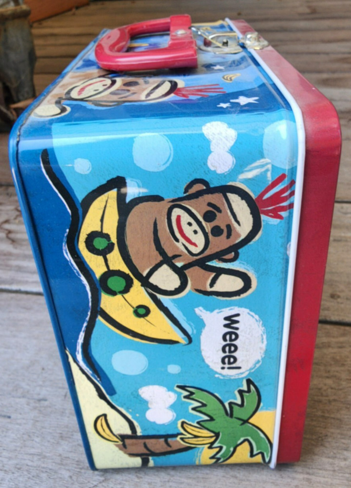 Schylling 2008 3D Sock Monkey Metal Lunch Box EUC Collectible Keepsake Box