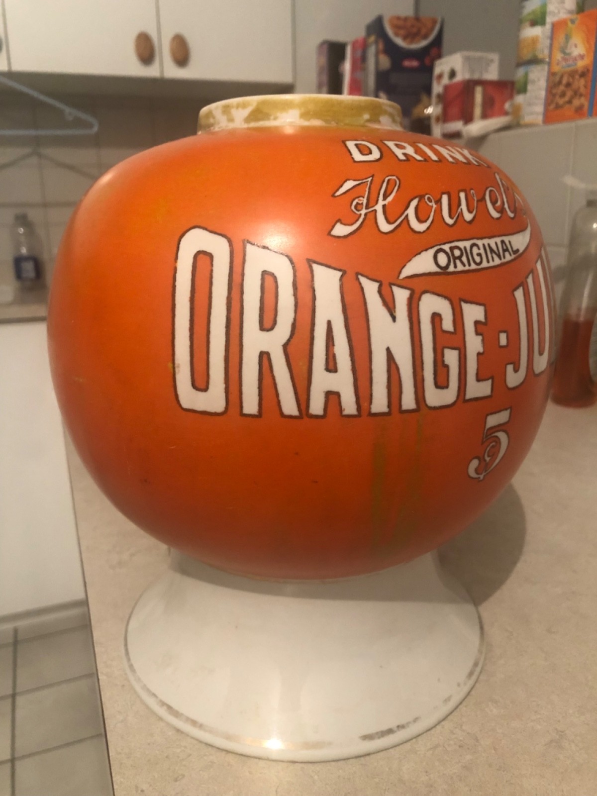 VINTAGE RARE c.1919 CERAMIC "HOWEL'S ORANGE-JULEP 5c" SODA FNT SYRUP DISPENSER