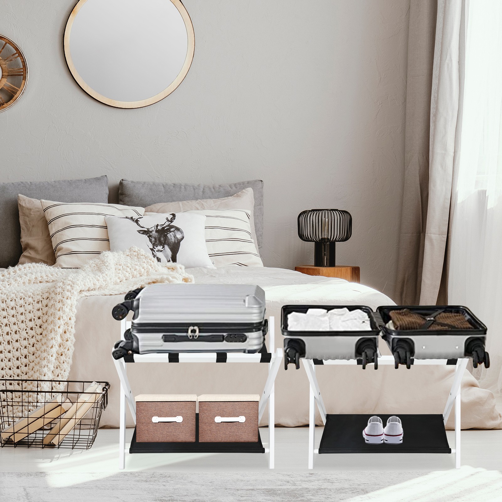 Set of 2 Folding Luggage Rack Soild Wood Stand Suitcase Holder w/ Shelf White