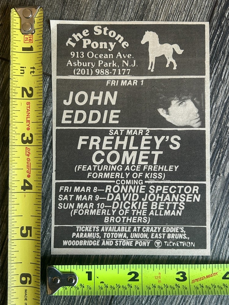 KISS Concert Ad Advert ACE FREHLEY Frehley's Comet Stone Pony NJ Vintage Kiss