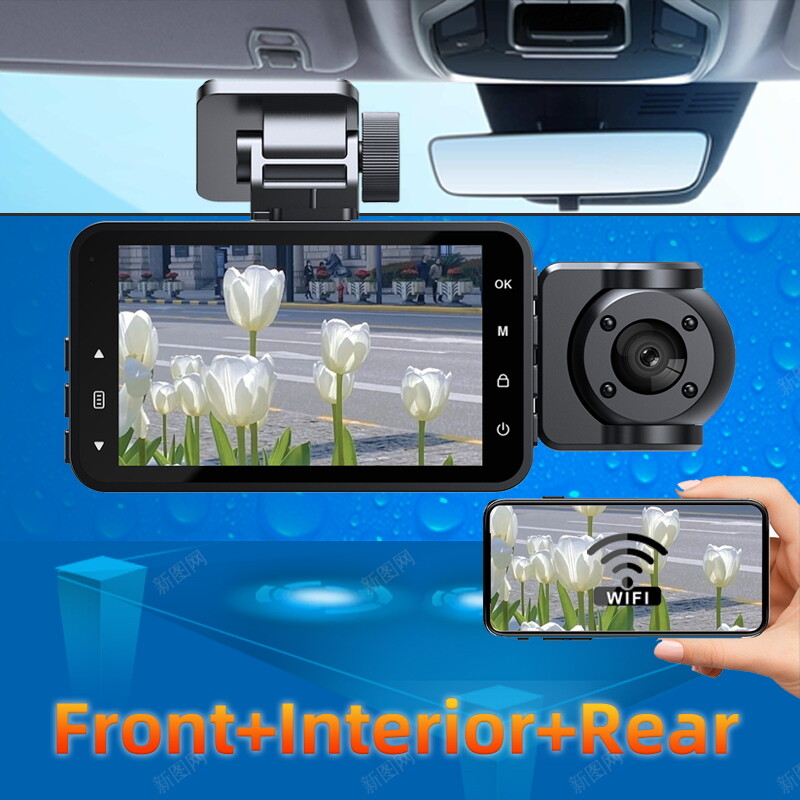 170° Car Dash Camera Three Lens Front/Rear/Inside View Motion Detection G-senor