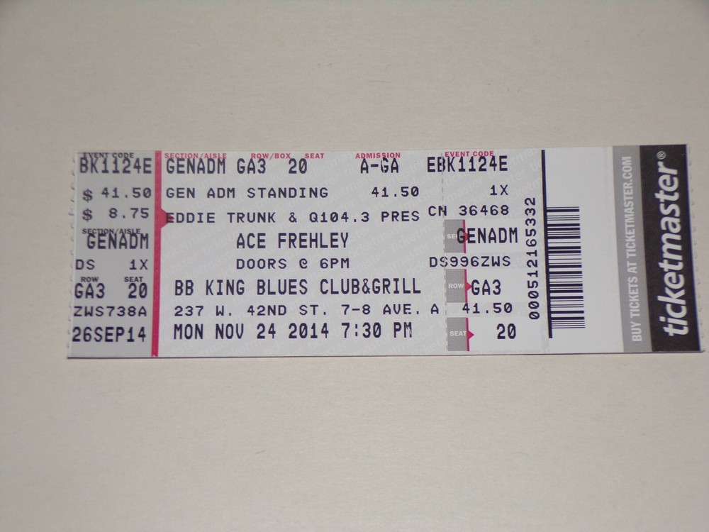 Kiss ACE FREHLEY Solo Full Concert Ticket Stub 2014 Tour BB Kings NYC NY