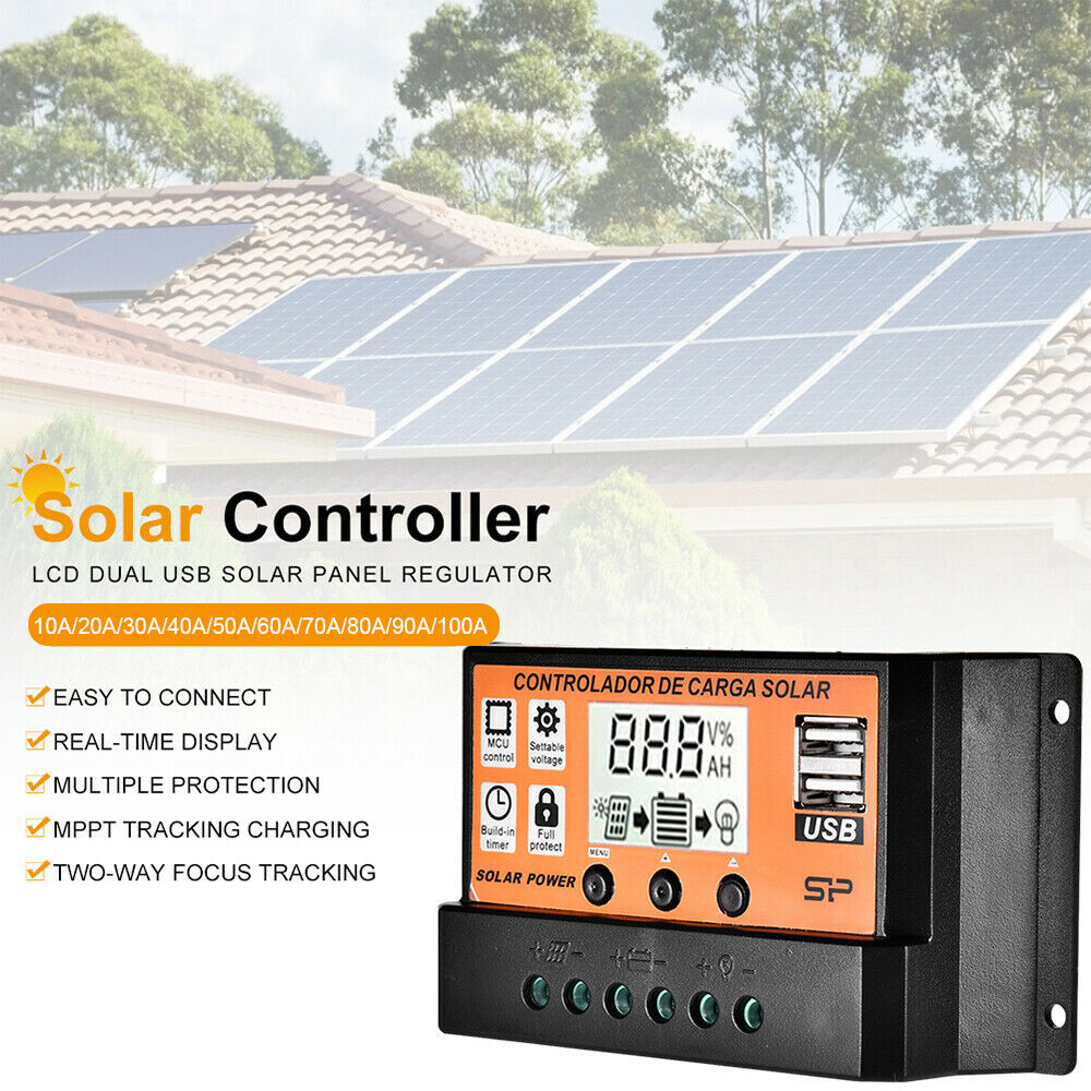 100A MPPT Solar Power Panel Regulator Charge LCD Controller 12/24V Dual USB US