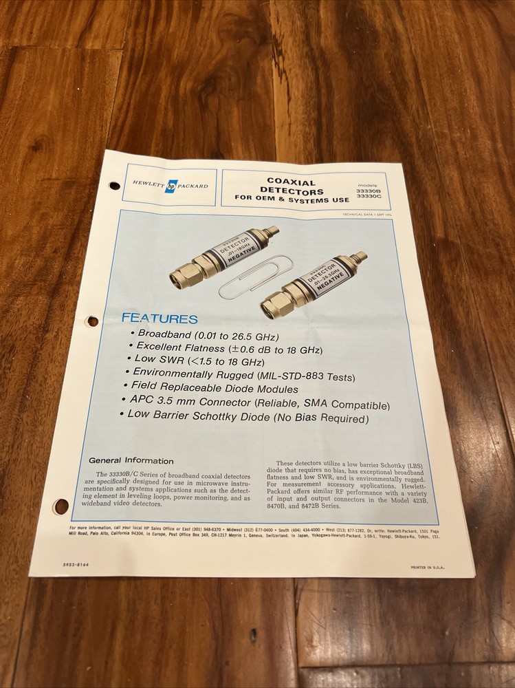 HP 33330B / 33330C Coaxial Detectors for OEM & Systems Use Technical Data Sheet