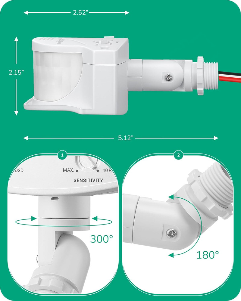 240° PIR Motion Sensor for Outdoor Lights – Adjustable Range & Time, White