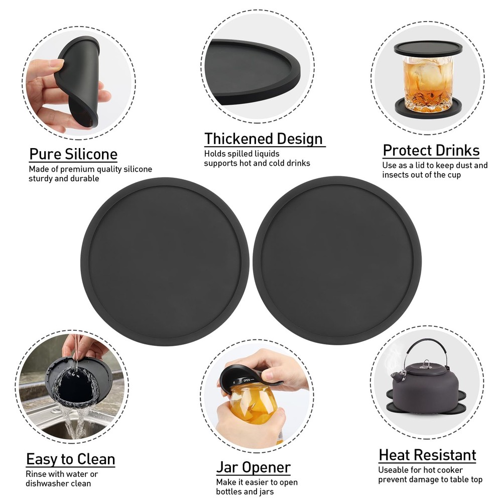 2 Pack Silicone Coasters for Drinks, Round Black 2pack- Coaster