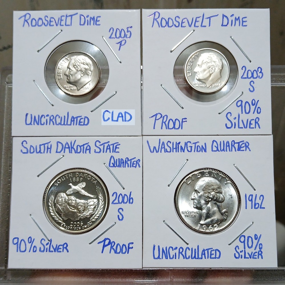 Two Silver US Quarters + 2003 S Silver Proof Roosevelt Dime + Clad Dime