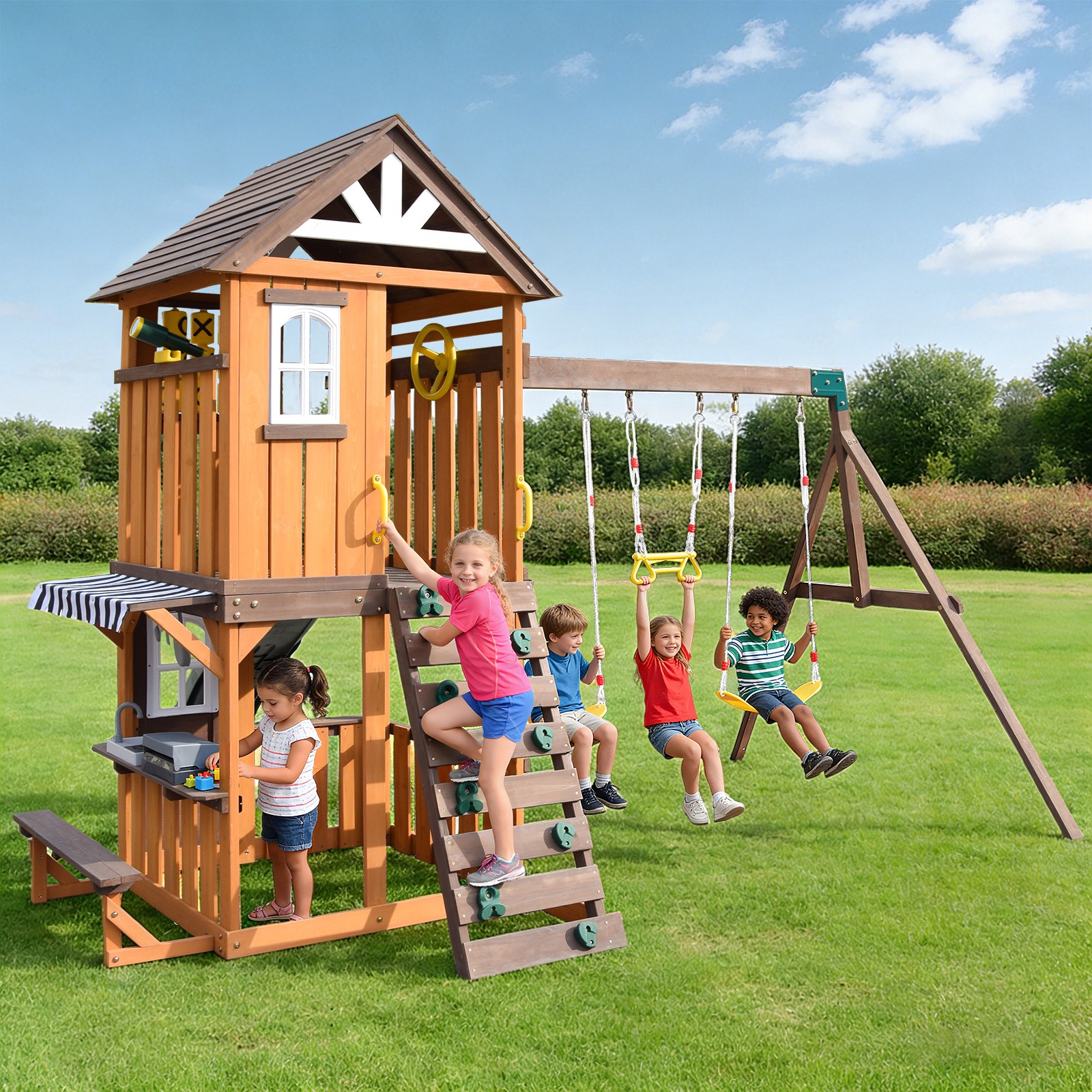 Large Wooden Kids Swing Slide Set Playhouse Kitchen,Rock Wall Outdoor Playground
