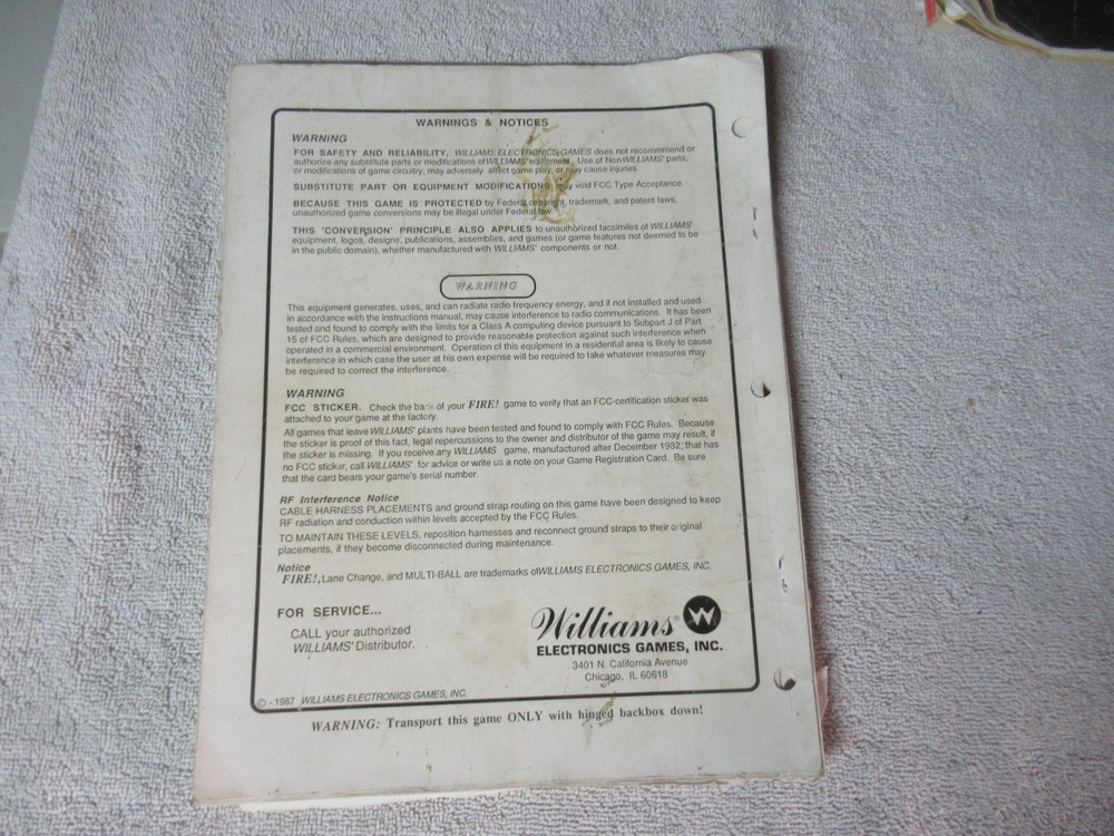 missing cover FIRE ORIGINAL WILLIAMS pinball machine manual
