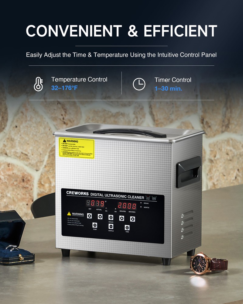 CREWORKS 3L Ultrasonic Cleaner with Control Panel 1-30 min. Timer & Degas Mode