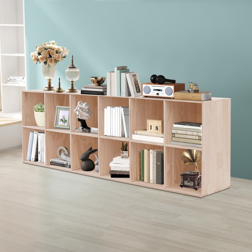 12 Compartments Book Storage Display Cabinet 180cm Bookshelf Solid Wood Bookcase